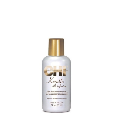 CHI Keratin Silk Infusion 59 ml - fuer alle Haartypen. Der leistungsstarke wiederherstellende Komplex, regeneriert trockenes und strapaziertes Haar und versorgt es mit Feuchtigkeit.