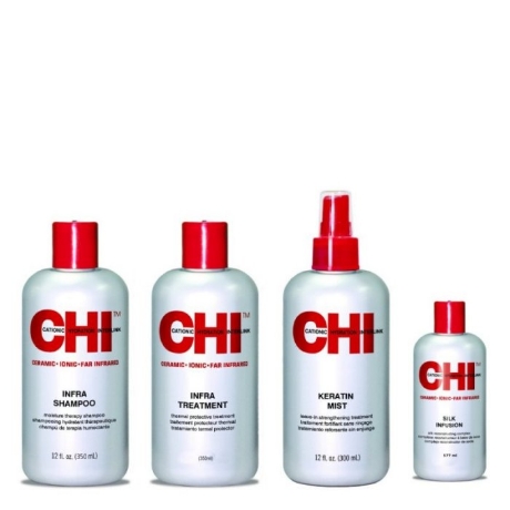 CHI Power Pflege-Set mit 177 ml Silk Infusion Power Komplett-Set, Infra Shampoo 355 ml, Infra Treatment 355 ml, Infra Keratin Mist 355 ml und Infra Silk Infusion 177ml.