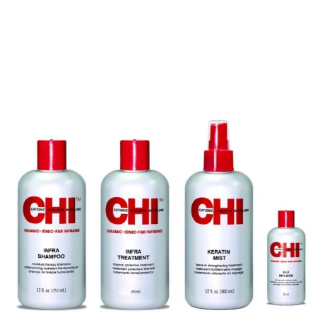 CHI Pflege-Set home kit - Infra Shampoo 355 ml, Infra Treatment 355 ml, Infra Keratin Mist 355 ml und Infra Silk Infusion 59 ml.